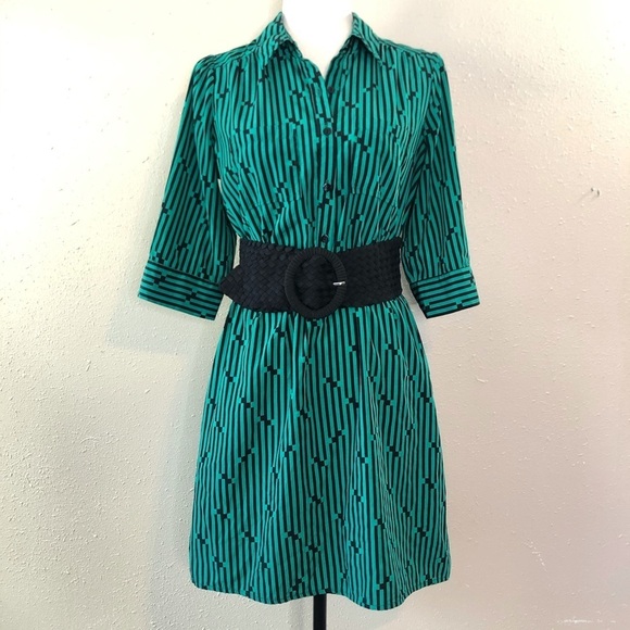 IZ Byer Green and Black Striped dress with 3.5 in wide woven elastic belt Sz M - Picture 8 of 14